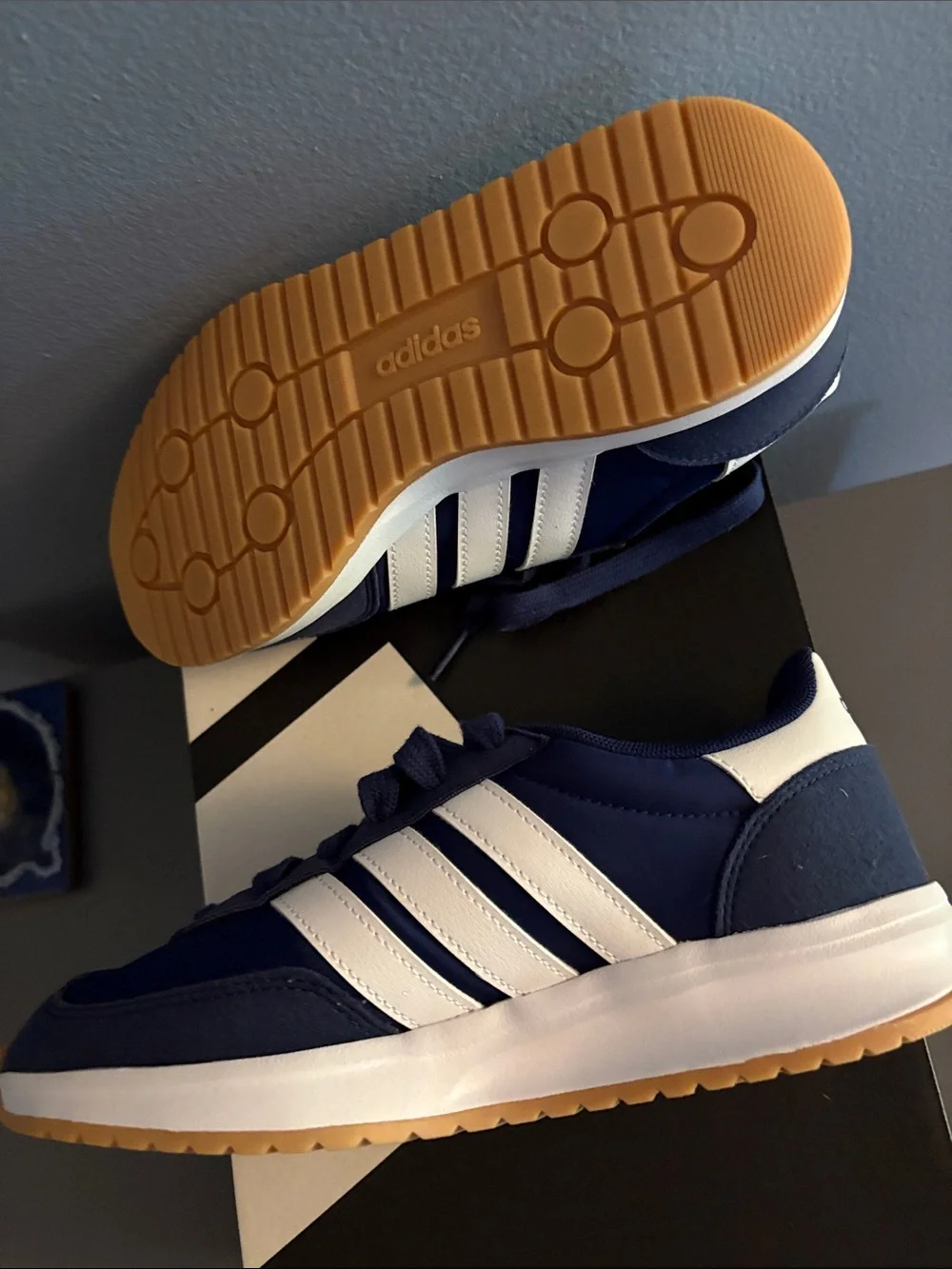 Boys Size 4 “GO Run” Adidas Navy Blue -Lace New just tried on